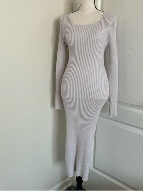 525 America Ribbed Long Sleeve Knit Dress - Light Gray